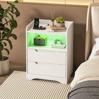 Table de Chevet Lot de 2 avec Bande LED Station de Charge 1 Compartiment Ouvert et 2 tiroirs Blanc - FR.SIKAIC