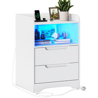 Table de Chevet Lot de 2 avec Bande LED Station de Charge 1 Compartiment Ouvert et 2 tiroirs Blanc - FR.SIKAIC