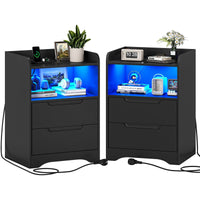 Table de Chevet Lot de 2 avec Bande LED Station de Charge 1 Compartiment Ouvert et 2 Tiroirs Noir - FR.SIKAIC