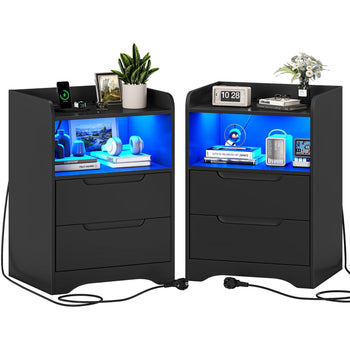 Table de Chevet Lot de 2 avec Bande LED Station de Charge 1 Compartiment Ouvert et 2 Tiroirs Noir - FR.SIKAIC