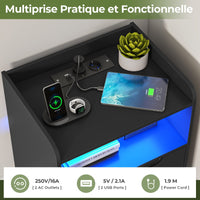 Table de Chevet Lot de 2 avec Bande LED Station de Charge 1 Compartiment Ouvert et 2 Tiroirs Noir - FR.SIKAIC