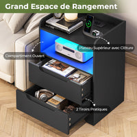 Table de Chevet Lot de 2 avec Bande LED Station de Charge 1 Compartiment Ouvert et 2 Tiroirs Noir - FR.SIKAIC