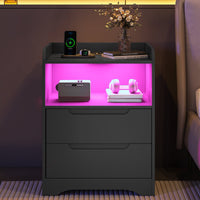 Table de Chevet Lot de 2 avec Bande LED Station de Charge 1 Compartiment Ouvert et 2 Tiroirs Noir - FR.SIKAIC