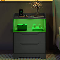 Table de Chevet Lot de 2 avec Bande LED Station de Charge 1 Compartiment Ouvert et 2 Tiroirs Noir - FR.SIKAIC