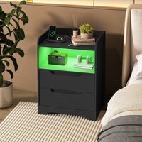 Table de Chevet Lot de 2 avec Bande LED Station de Charge 1 Compartiment Ouvert et 2 Tiroirs Noir - FR.SIKAIC