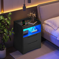 Table de Chevet Lot de 2 avec Bande LED Station de Charge 1 Compartiment Ouvert et 2 Tiroirs Noir - FR.SIKAIC