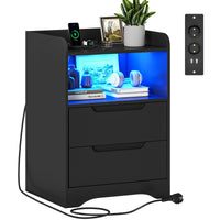 Table de Chevet Lot de 2 avec Bande LED Station de Charge 1 Compartiment Ouvert et 2 Tiroirs Noir - FR.SIKAIC