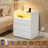 FR.SIKAIC Table de chevet Blanc / Moderne / Bois Table de chevet moderne à LED avec prise électrique et 3 tiroirs, Blanche