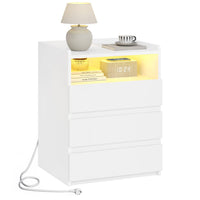 FR.SIKAIC Table de chevet Blanc / Moderne / Bois Table de chevet moderne à LED avec prise électrique et 3 tiroirs, Blanche