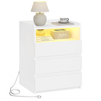 FR.SIKAIC Table de chevet Blanc / Moderne / Bois Table de chevet moderne à LED avec prise électrique et 3 tiroirs, Blanche