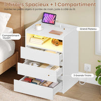 FR.SIKAIC Table de chevet Blanc / Moderne / Bois Table de chevet moderne à LED avec prise électrique et 3 tiroirs, Blanche