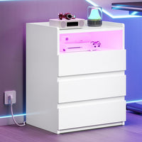 FR.SIKAIC Table de chevet Blanc / Moderne / Bois Table de chevet moderne à LED avec prise électrique et 3 tiroirs, Blanche