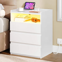 FR.SIKAIC Table de chevet Blanc / Moderne / Bois Table de chevet moderne à LED avec prise électrique et 3 tiroirs, Blanche