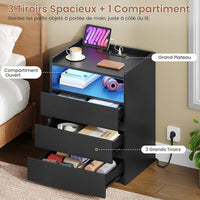 FR.SIKAIC Table de chevet Noir / Moderne / Bois Table de chevet moderne à LED avec prise électrique et 3 tiroirs, Noire