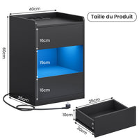 FR.SIKAIC Table de chevet Noir / Métal / Moderne Table de chevet noire avec éclairage LED station de charge et 2 tiroirs