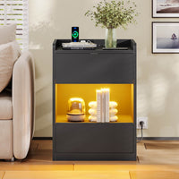 FR.SIKAIC Table de chevet Noir / Métal / Moderne Table de chevet noire avec éclairage LED station de charge et 2 tiroirs