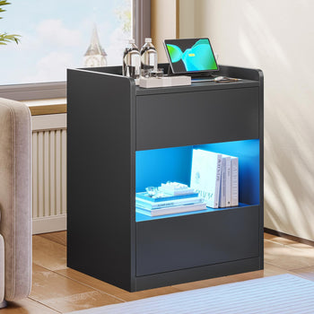 FR.SIKAIC Table de chevet Noir / Métal / Moderne Table de chevet noire avec éclairage LED station de charge et 2 tiroirs