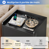 FR.SIKAIC Table de chevet Noir / Métal / Moderne Table de chevet noire avec éclairage LED station de charge et 2 tiroirs