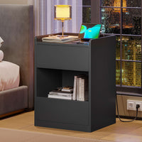 FR.SIKAIC Table de chevet Noir / Métal / Moderne Table de chevet noire avec éclairage LED station de charge et 2 tiroirs