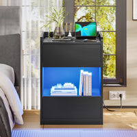 FR.SIKAIC Table de chevet Noir / Métal / Moderne Table de chevet noire avec éclairage LED station de charge et 2 tiroirs