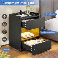FR.SIKAIC Table de chevet Noir / Métal / Moderne Table de chevet noire avec éclairage LED station de charge et 2 tiroirs