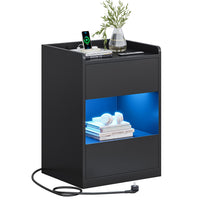 FR.SIKAIC Table de chevet Noir / Métal / Moderne Table de chevet noire avec éclairage LED station de charge et 2 tiroirs