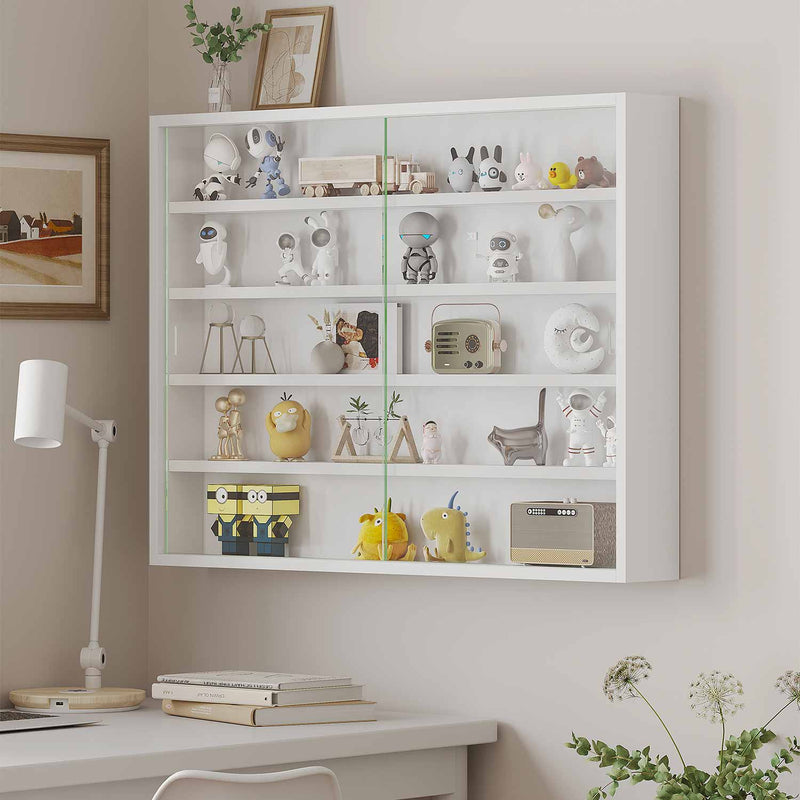 FR.SIKAIC Vitrine Blanc / Bois d'ingénierie / Moderne Vitrine Murale de Salon pour Collection avec Doubles Portes Vitrées 5 Étagères et 5 Bandes LED Colorées Blanc